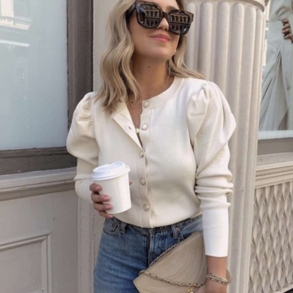 Zara Sweaters - ZARA Puff Sleeve Cardigan Jewel Buttons Size M Medium Ivory Bloggers Fave